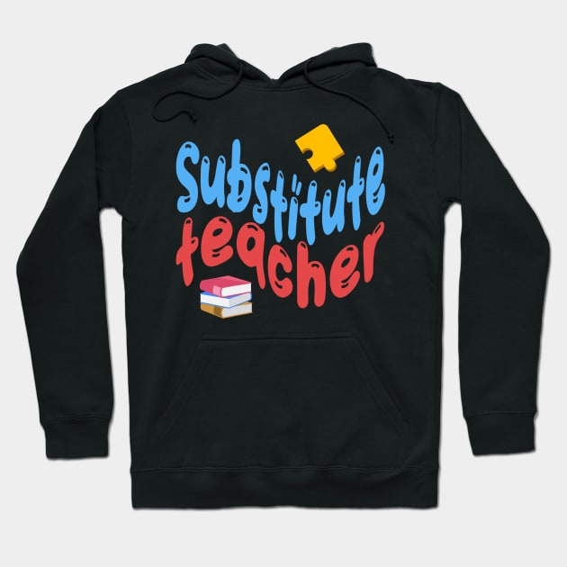 Substitute teacher blue and red text, puzzle and books Hoodie by Project Charlie